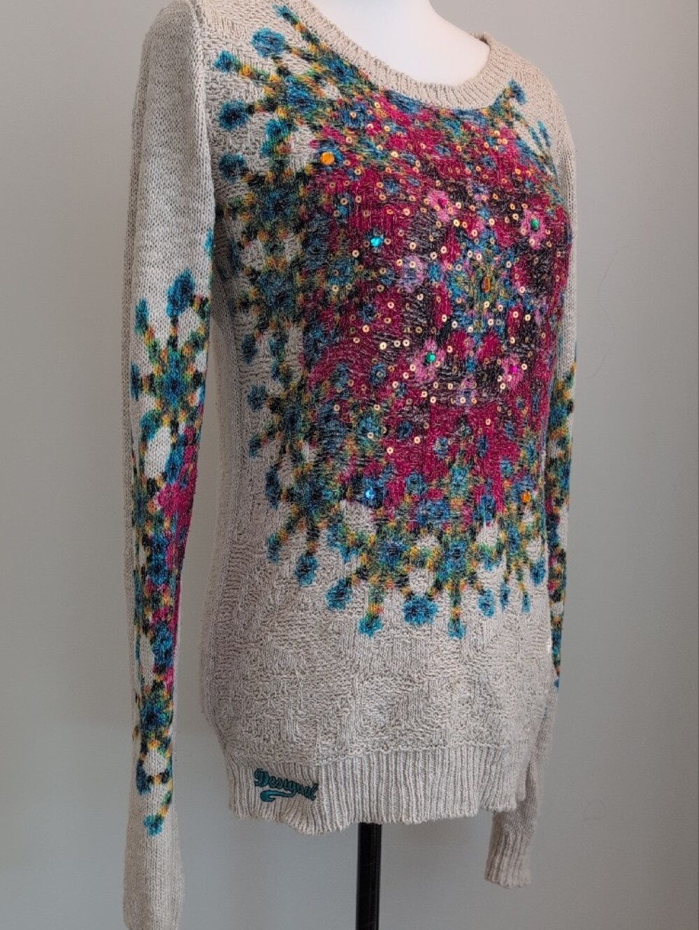 Vintage Desigual Mandala Sequin Knit Pullover Sweater Boho Chic XLARGE - Picture 3 of 10